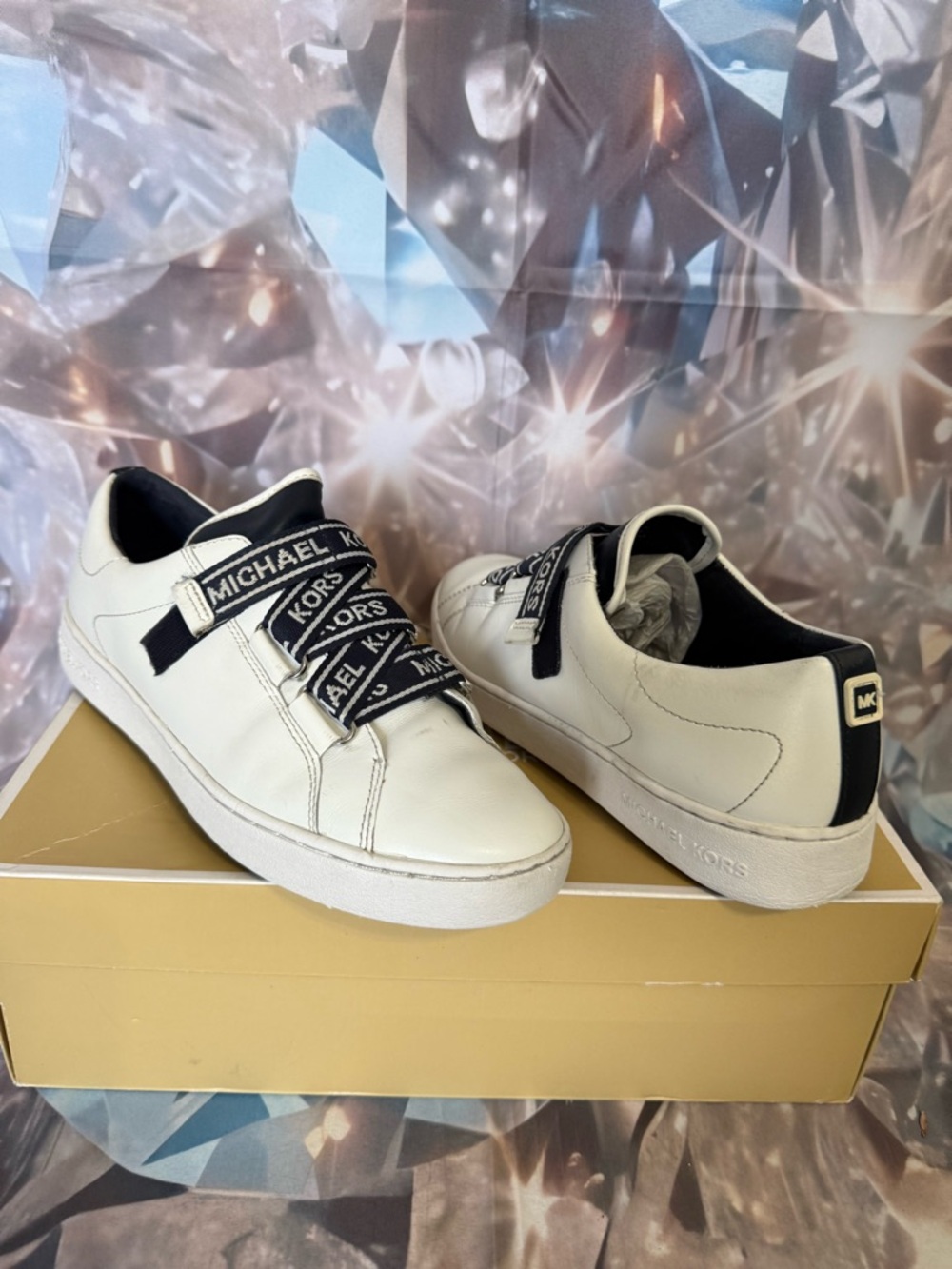 Michael Kors White and navy blue Logo Strap Sneakers